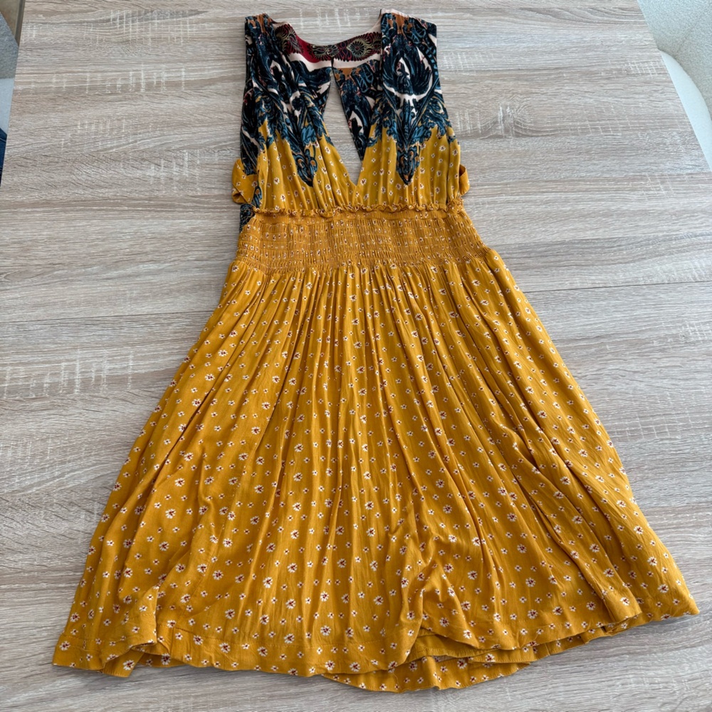 Free People Mustard and Black Floral Mini Dress
